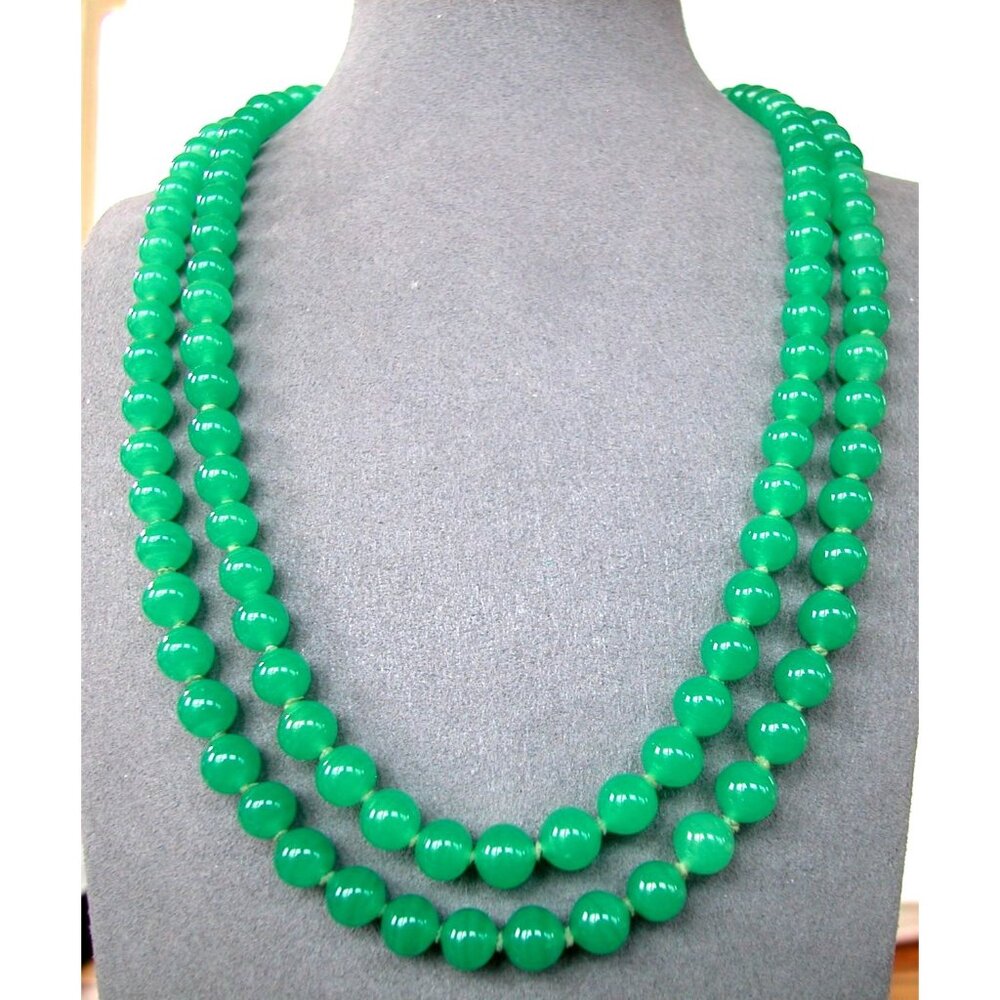 Vintage Green Glass Beaded Necklace With Floral Clasp Double Strand Made In Japa